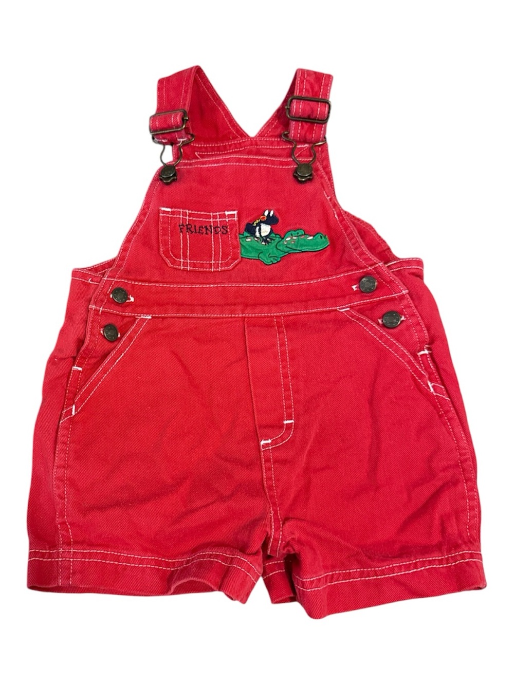 Vintage Red Kids Cotton Shortalls with Embroidered Alligator and Frog